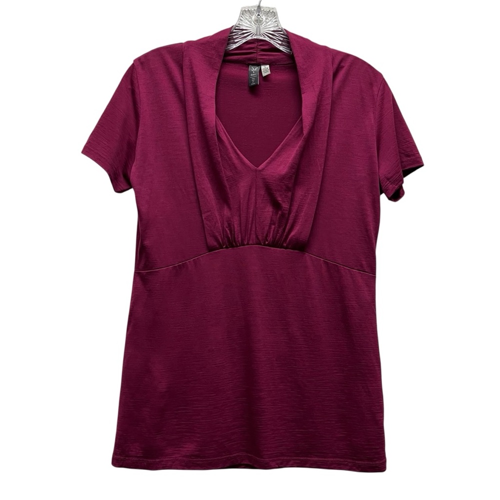 Ibex V-neck Short Sleeve Pleated Baby Doll Shirt Merino Wool Blend Small Magenta